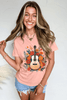 Pink Guitar Flower Print Crew Neck Loose T Shirt