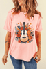 Pink Guitar Flower Print Crew Neck Loose T Shirt