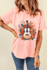 Pink Guitar Flower Print Crew Neck Loose T Shirt