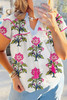 Rose Vintage Floral Print Contrast Notched V Neck Plus Size Summer Blouse