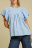 Beau Blue Solid Color Embroidered Scalloped Sleeves Crew Neck Blouse
