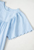 Beau Blue Solid Color Embroidered Scalloped Sleeves Crew Neck Blouse