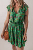 Green Floral Tie Split Neck Frilly Ruffle Trim Tiered Short Dress