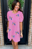Bright Pink Flag Pattern Inspired Sequin Bow Spiral Ribbed Puff Sleeve T Shirt Dress