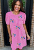 Bright Pink Flag Pattern Inspired Sequin Bow Spiral Ribbed Puff Sleeve T Shirt Dress