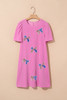 Bright Pink Flag Pattern Inspired Sequin Bow Spiral Ribbed Puff Sleeve T Shirt Dress