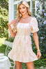 Pink Floral Puff Sleeve Square Neck Knotted Open Back Ruffled Mini Dress