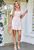 Pink Floral Puff Sleeve Square Neck Knotted Open Back Ruffled Mini Dress