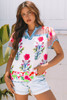 Pink Floral Striped Patchwork Short Sleeve Split Neck Blouse Pink Floral Striped Patchwork Short Sleeve Split Neck Blouse