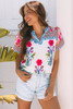 Pink Floral Striped Patchwork Short Sleeve Split Neck Blouse Pink Floral Striped Patchwork Short Sleeve Split Neck Blouse