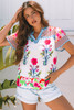 Pink Floral Striped Patchwork Short Sleeve Split Neck Blouse Pink Floral Striped Patchwork Short Sleeve Split Neck Blouse