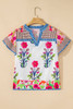 Pink Floral Striped Patchwork Short Sleeve Split Neck Blouse Pink Floral Striped Patchwork Short Sleeve Split Neck Blouse