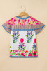 Pink Floral Striped Patchwork Short Sleeve Split Neck Blouse Pink Floral Striped Patchwork Short Sleeve Split Neck Blouse