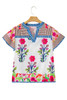 Pink Floral Striped Patchwork Short Sleeve Split Neck Blouse Pink Floral Striped Patchwork Short Sleeve Split Neck Blouse