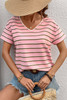 Pink Stripe V Neck Slim Fit Casual T Shirt