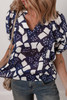 Blue Abstract Print Frilled Puff Sleeve V Neck Blouse
