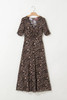 Brown Mesh Leopard Floral Reversible V Neck Short Sleeve Dress