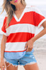 Red Stripe Collar V Neck Cuffed Dolman Short Sleeve Top Red Stripe Collar V Neck Cuffed Dolman Short Sleeve Top