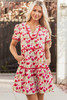 Red Floral Puff Sleeve Tiered Ric Rac Pocketed Mini Dress
