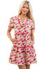 Red Floral Puff Sleeve Tiered Ric Rac Pocketed Mini Dress