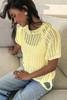 Yellow Cream Hollow-out Crochet Side Tied Short Sleeve Sweater