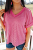 Rose Red Twisted Ribbed Knit V Neck Casual Tee Rose Red Twisted Ribbed Knit V Neck Casual Tee