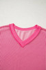 Rose Red Twisted Ribbed Knit V Neck Casual Tee Rose Red Twisted Ribbed Knit V Neck Casual Tee