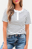 White Stripe Textured Short Sleeve Buttoned Henley Top