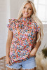 Orange Floral Print Flutter Sleeve Blouse Top
