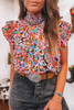 Orange Floral Print Flutter Sleeve Blouse Top