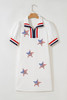 White July 4th Sequined USA Flag Star Patched Textured Collared T Shirt Dress
