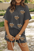 Carbon Grey Sequin Heifer Patched 2pcs Twisted Ribbed Casual Short Set Carbon Grey Sequin Heifer Patched 2pcs Twisted Ribbed Casual Short Set
