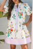 White Floral Print Contrast Striped Patchwork Short Puff Sleeve Dress