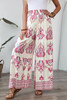 Rose Boho Printed Shirred High Waist Flowy Wide Leg Pants