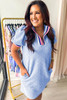 Beau Blue Contrast Striped Trim Zipped Stand Collar Textured Puff Sleeve Plus Size T Shirt Dress