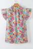 Multicolour Floral Pleated Detail Flutter Sleeve Blouse