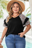 Black Leopard Ruffle Patchwork Sleeve Plus Size Summer Top
