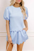 Beau Blue Puff Sleeve Pearl Embellished Scallop Trim Top 2 Piece Skort Set