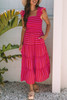 Rose Stripe Flutter Sleeve Smocked Bodice Tiered Maxi Dress