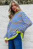 Sky Blue Stripe Striped Contrast Ribbed Trim Crossed Stitch Drop Shoulder Sweatshirt