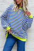 Sky Blue Stripe Striped Contrast Ribbed Trim Crossed Stitch Drop Shoulder Sweatshirt