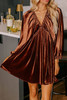 Clay Elastic V Neck Puff Sleeve Short Velvet Dress