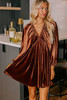 Clay Elastic V Neck Puff Sleeve Short Velvet Dress