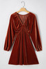 Clay Elastic V Neck Puff Sleeve Short Velvet Dress