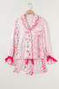 Pink Mixed Floral Print Contrast Piping Trim Satin Tie 2pcs Pajama Set