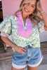 Green Leaves Pattern Color Block V Neck Puff Sleeve Blouse