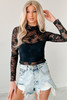 Black Sheer Floral Lace Mesh Mock Neck Long Sleeve Top