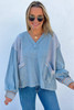Dusk Blue Exposed Seam Waffle Striped Patchwork Baggy Pullover