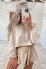 Khaki Checkered Long Sleeve Crop Top High Waist Skort 2pcs Set