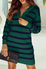 Green Striped/Solid O-ring Zip Collared Loose Sweater Mini Dress
